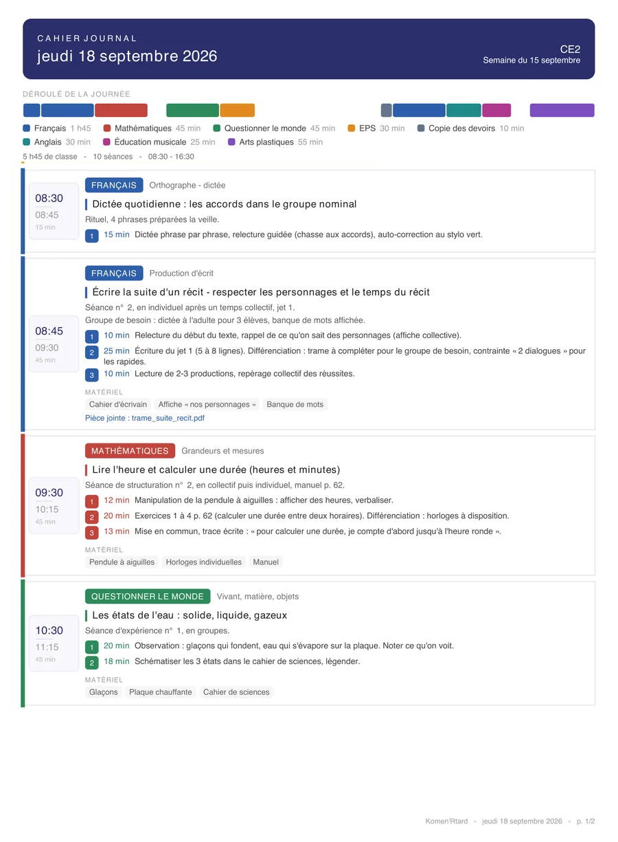 Cahier journal exporté en PDF