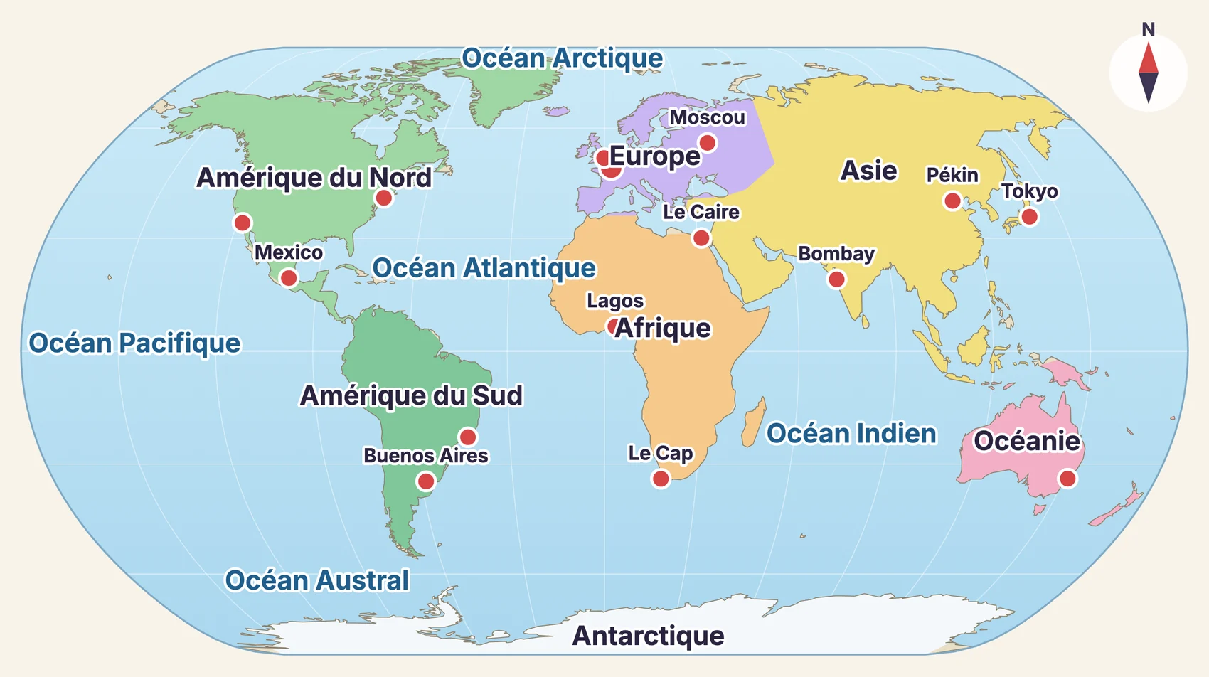Le jeu de géographie : la planisphère avec les noms des continents et des océans