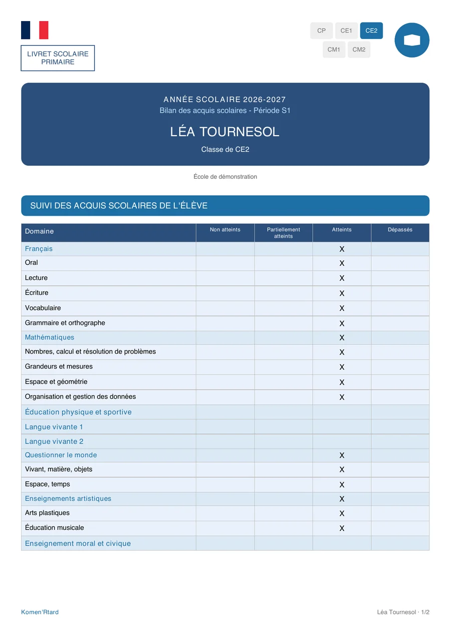 Livret scolaire exporté en PDF : suivi des acquis par domaine